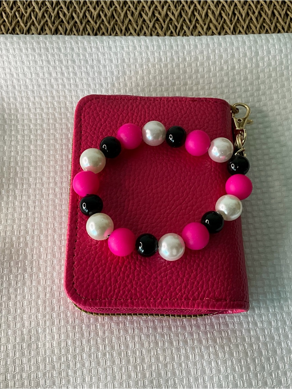 Hot Pink Beaded Wristlet Keychain with Pearl & Black Accents